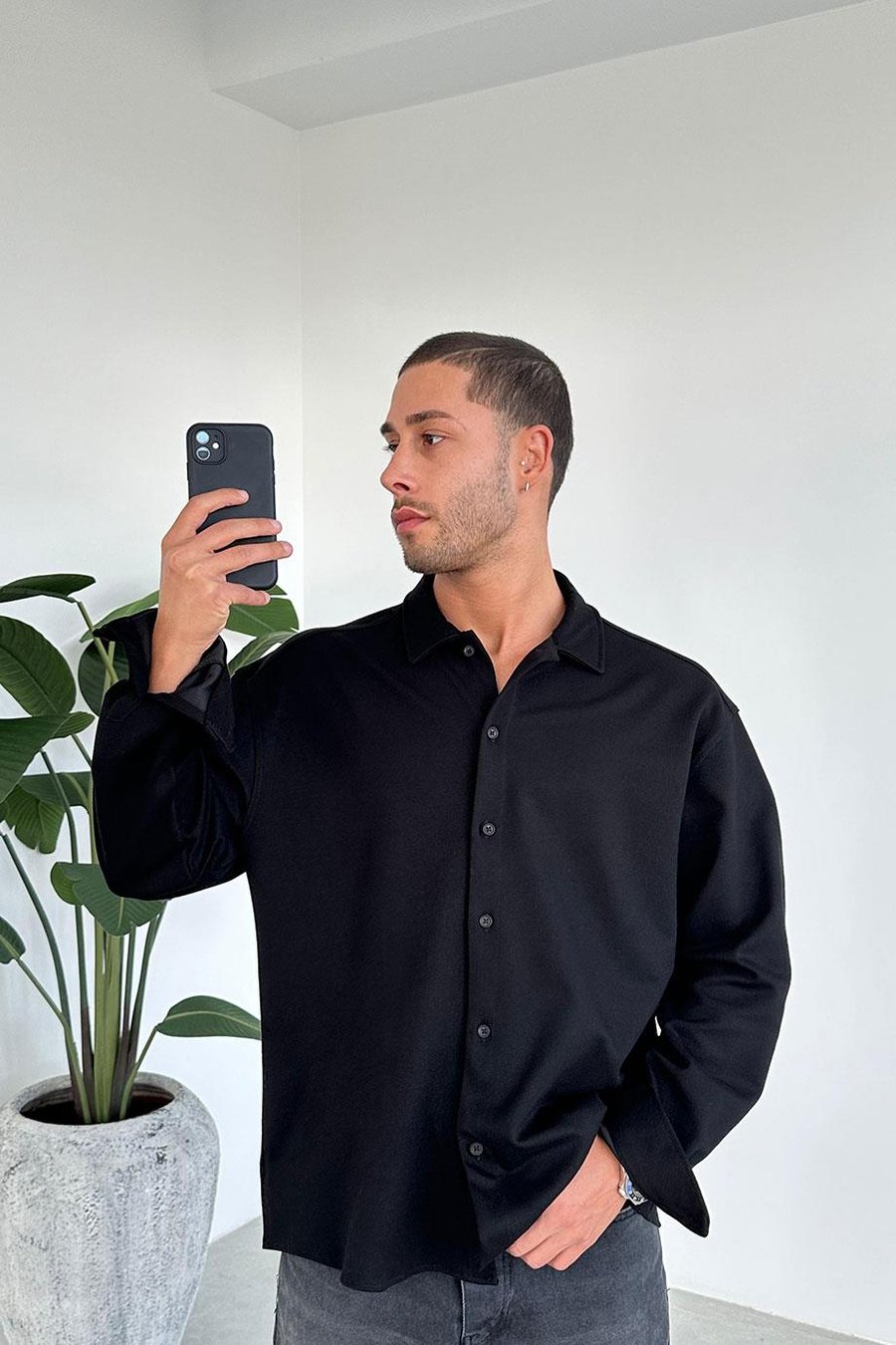 Siyah Basic Oversize Gabardin Gömlek