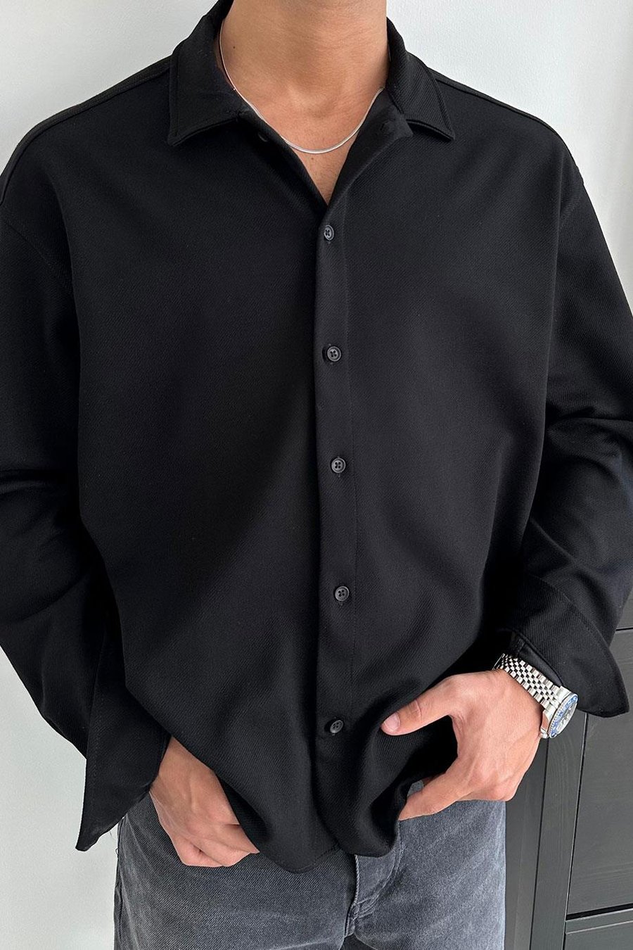 Siyah Basic Oversize Gabardin Gömlek