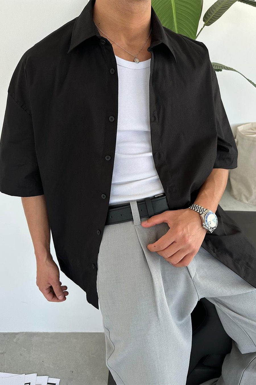 Siyah Basic Oversize Kısa Kollu Gömlek