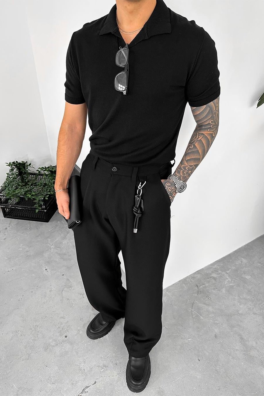 Siyah Basic Polo Yaka Triko Relaxed Tişört