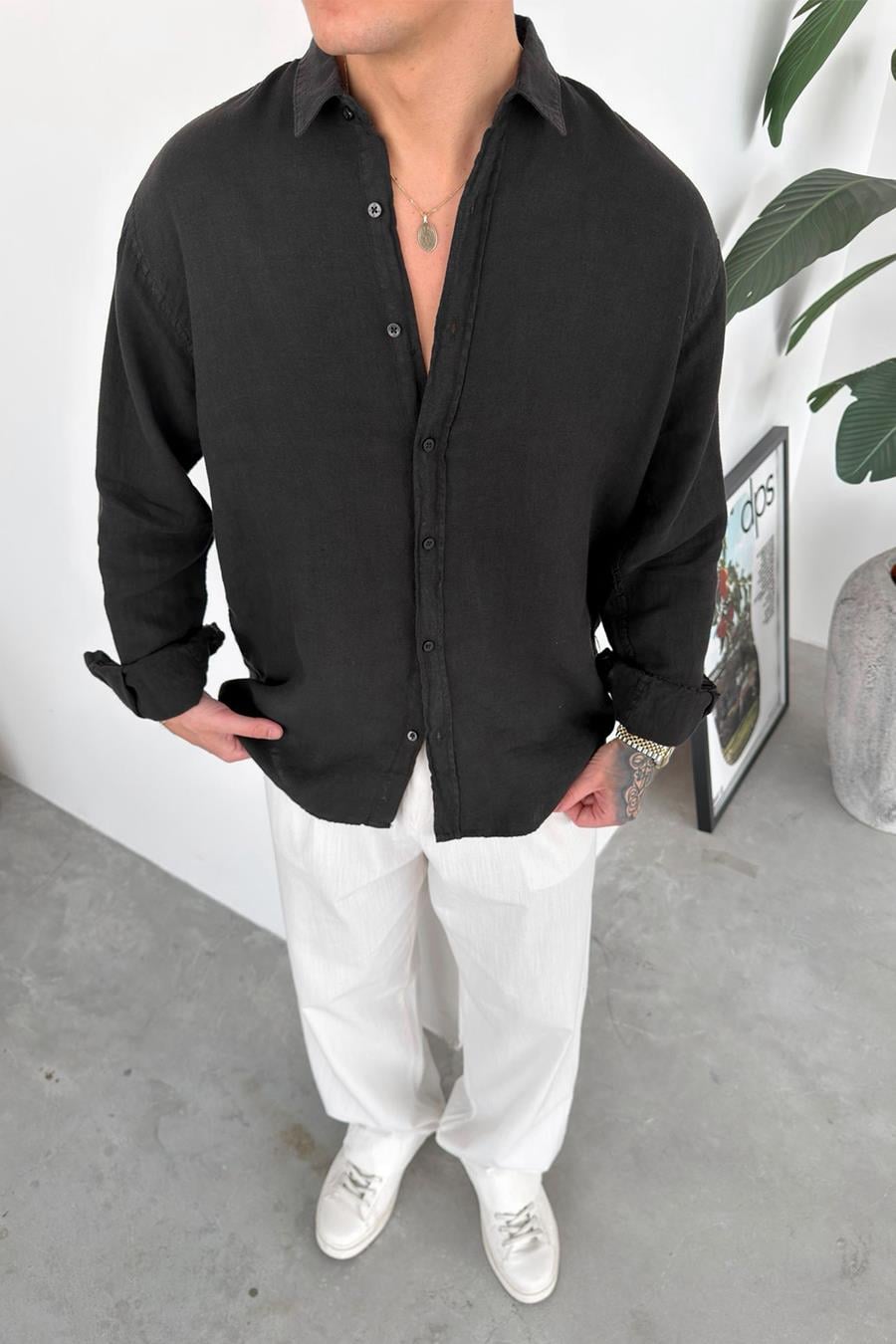 Siyah Basic Relaxed Ham Keten Gömlek