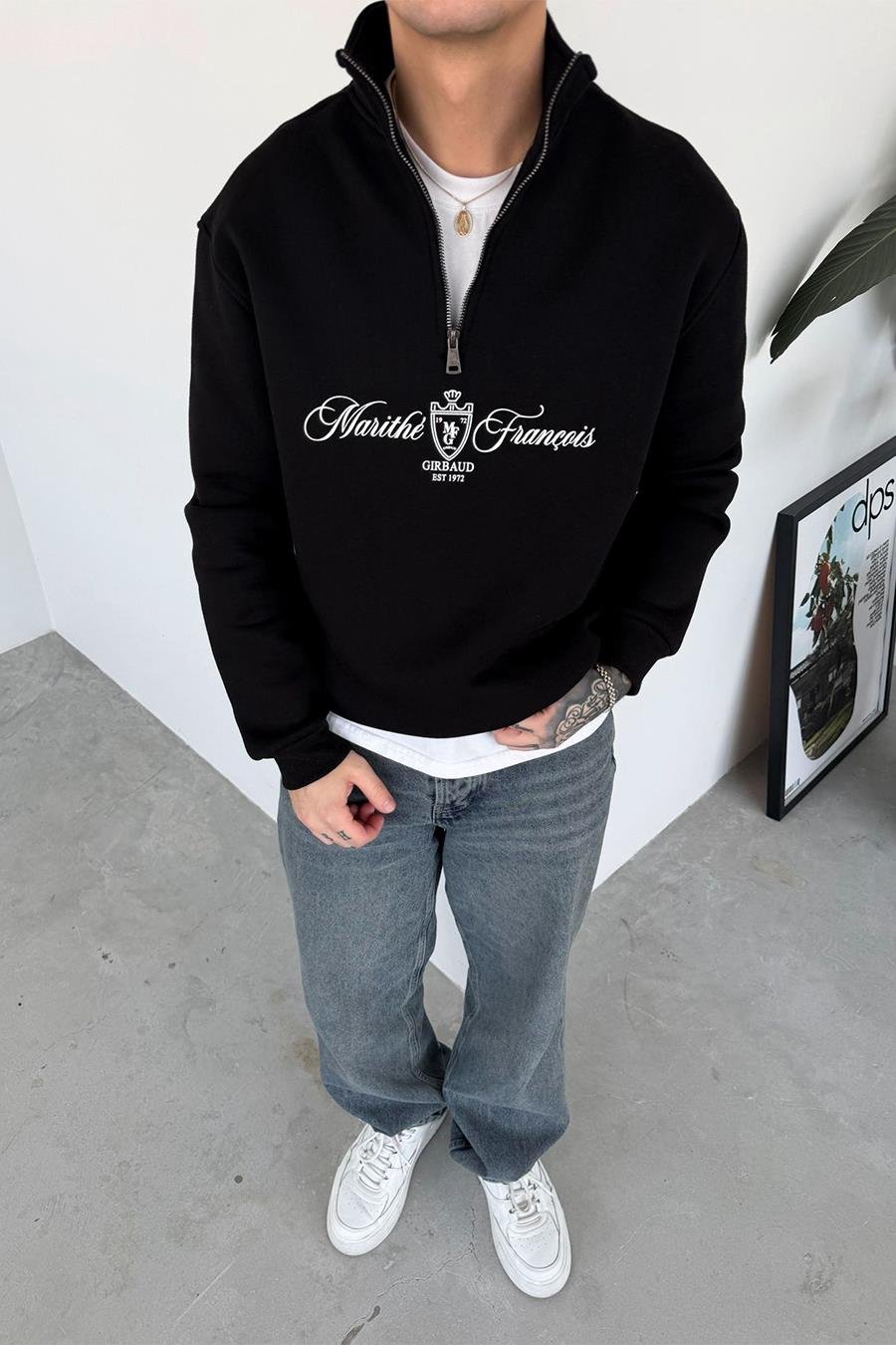 Siyah Baskılı Yarım Fermuar Oversze Sweatshirt