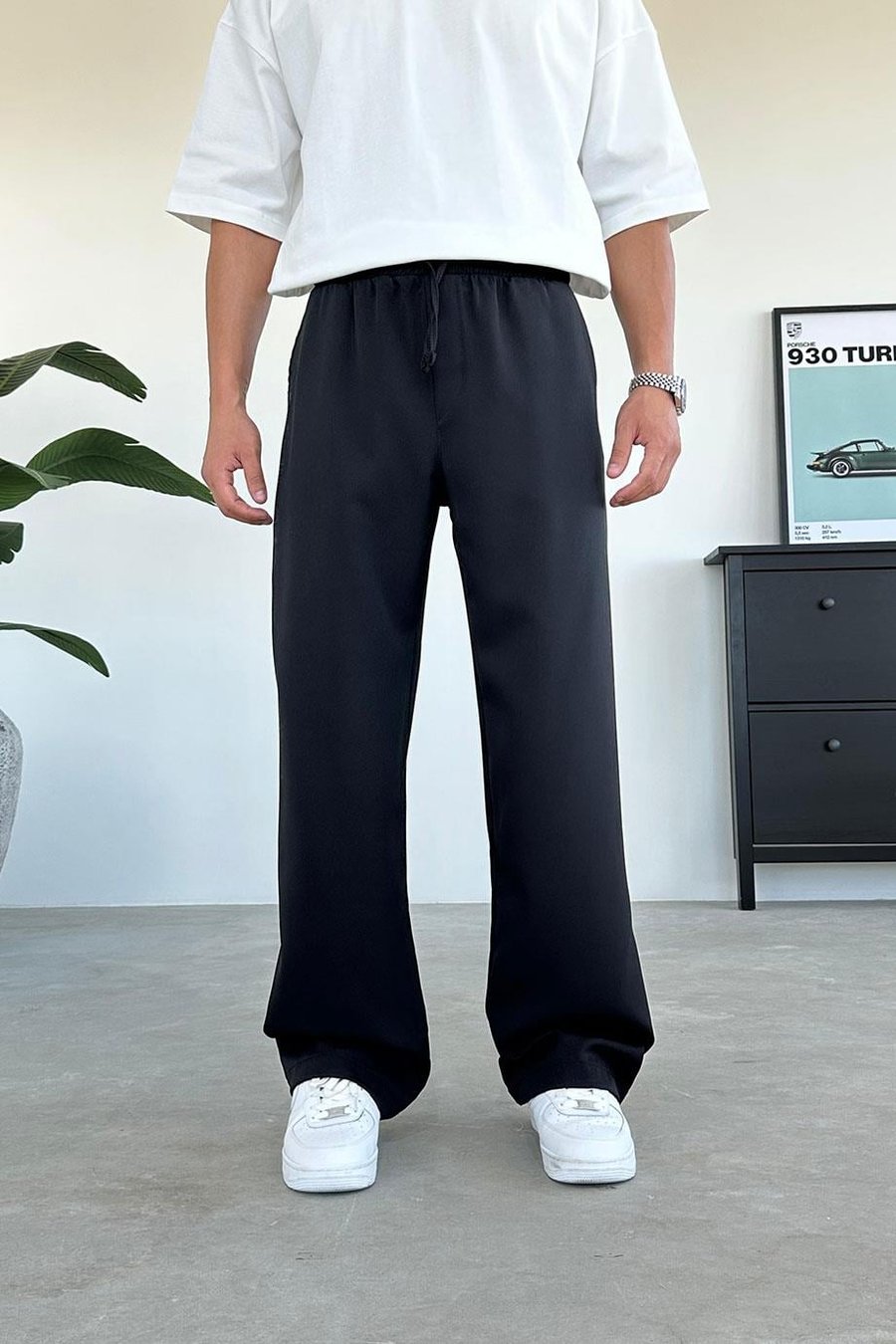 Siyah Beli Lastikli Baggy Kumaş Pantolon