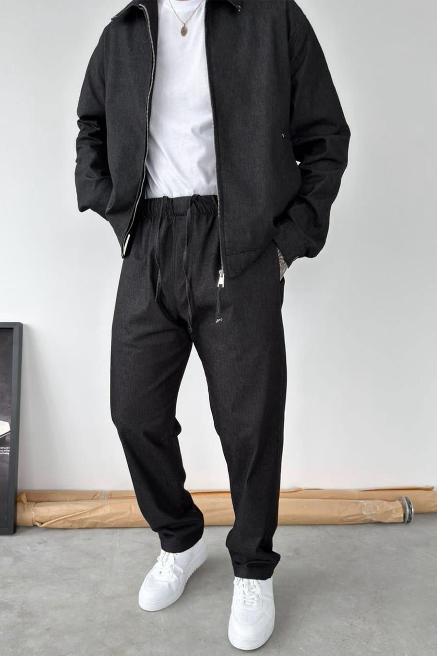 Siyah Beli Lastikli Dokulu Baggy Pantolon