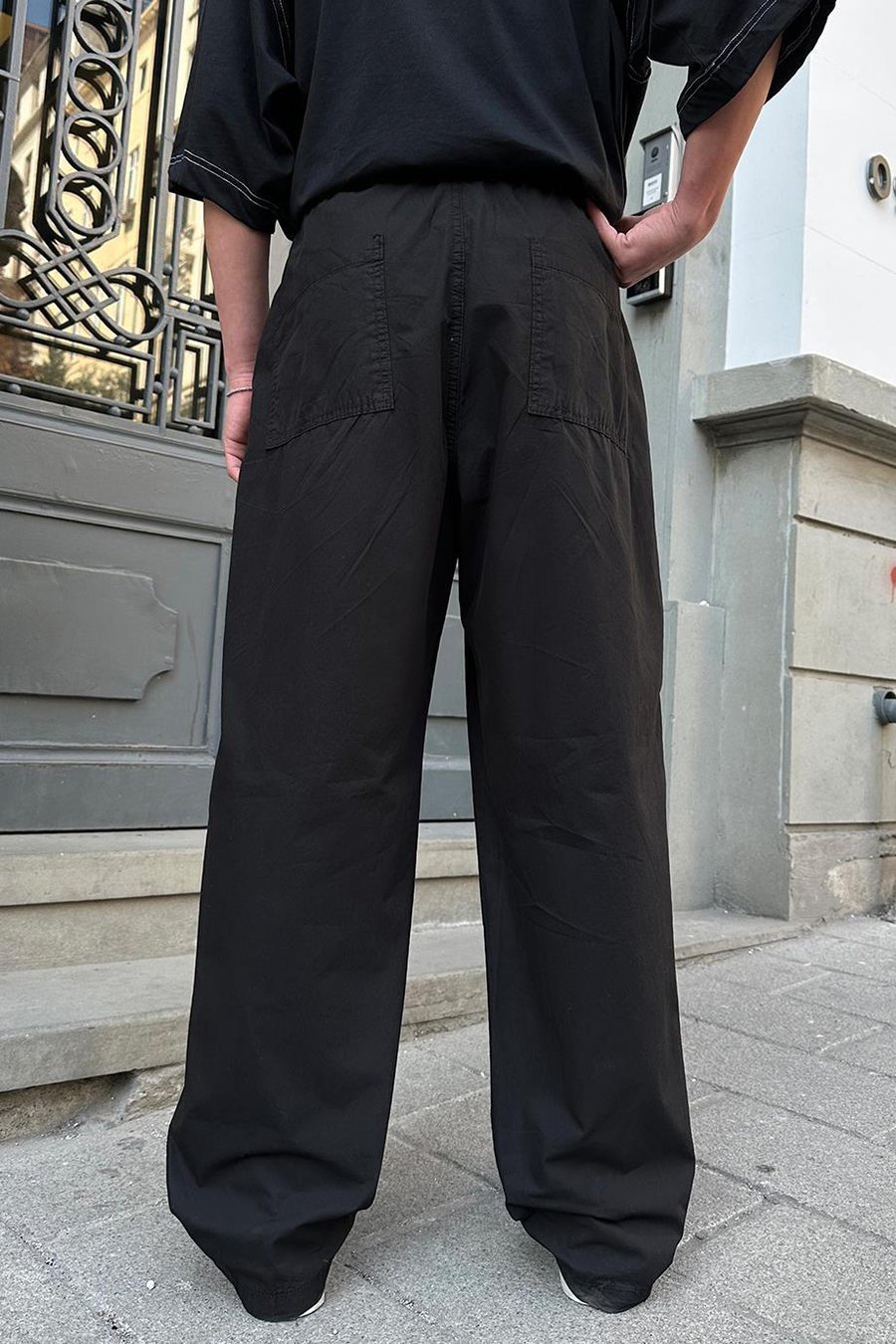 Siyah Beli Lastikli İp Detay Basic Paraşüt L1 CH Baggy Pantolon