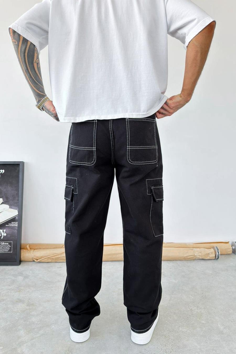 Siyah Beyaz Dikiş Kargo Baggy Pantolon