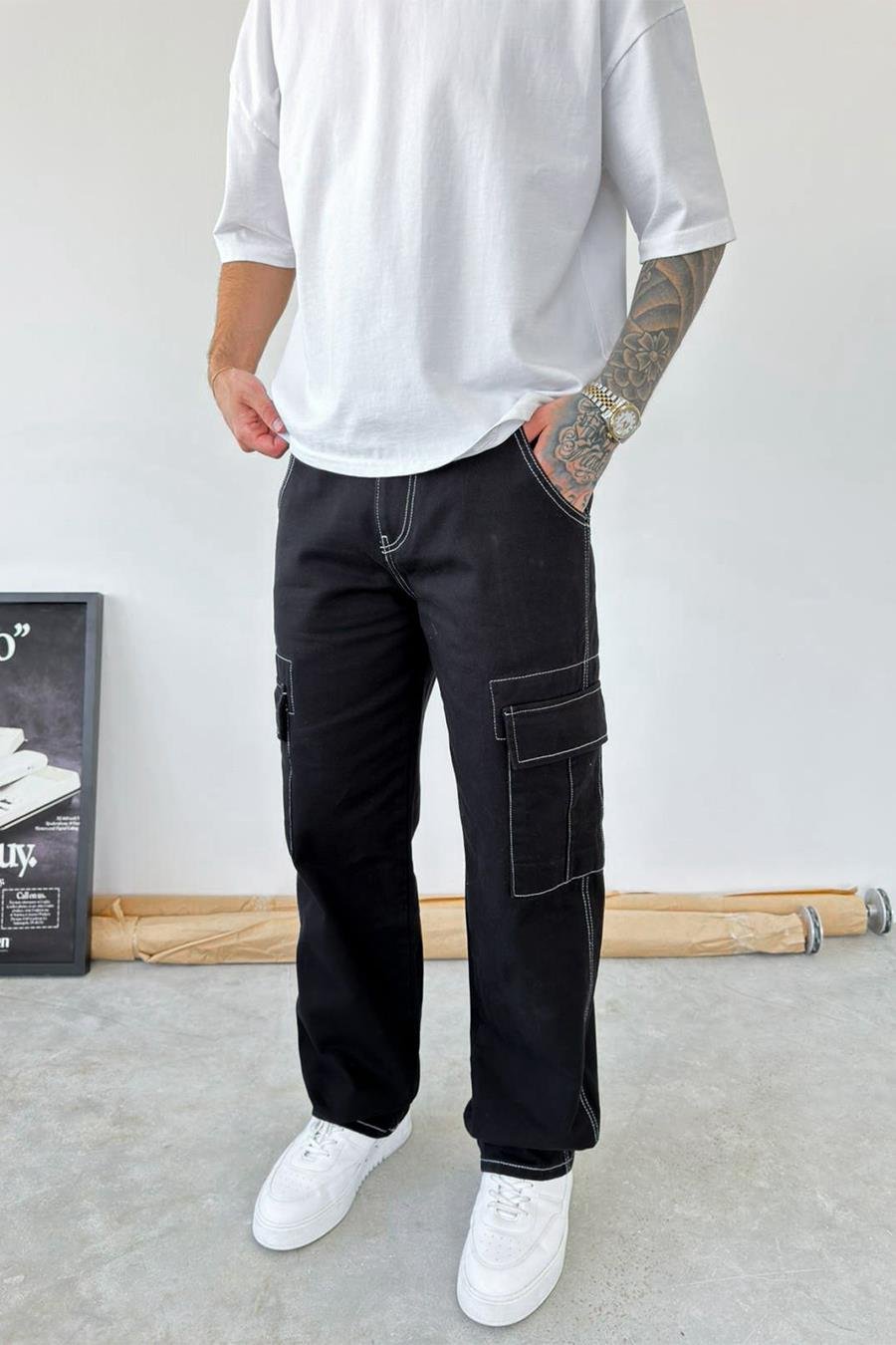 Siyah Beyaz Dikiş Kargo Baggy Pantolon