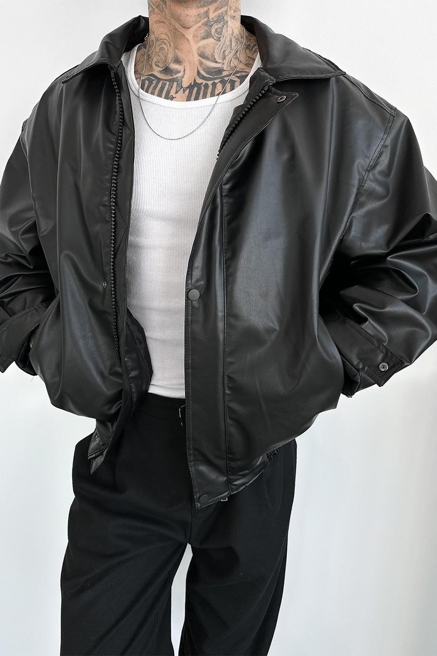 Siyah Bomber Oversize Deri Ceket