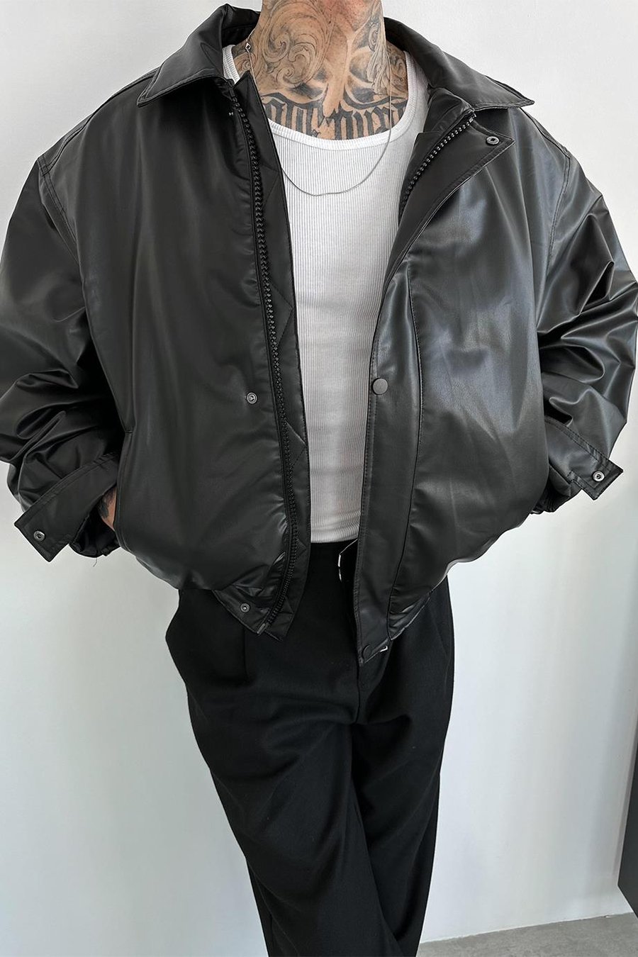 Siyah Bomber Oversize Deri Ceket