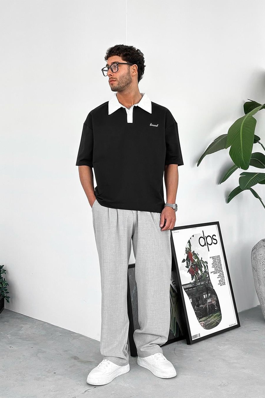 Siyah Bound Polo Yaka OUTPLENTY PREMİUM Oversize Tişört