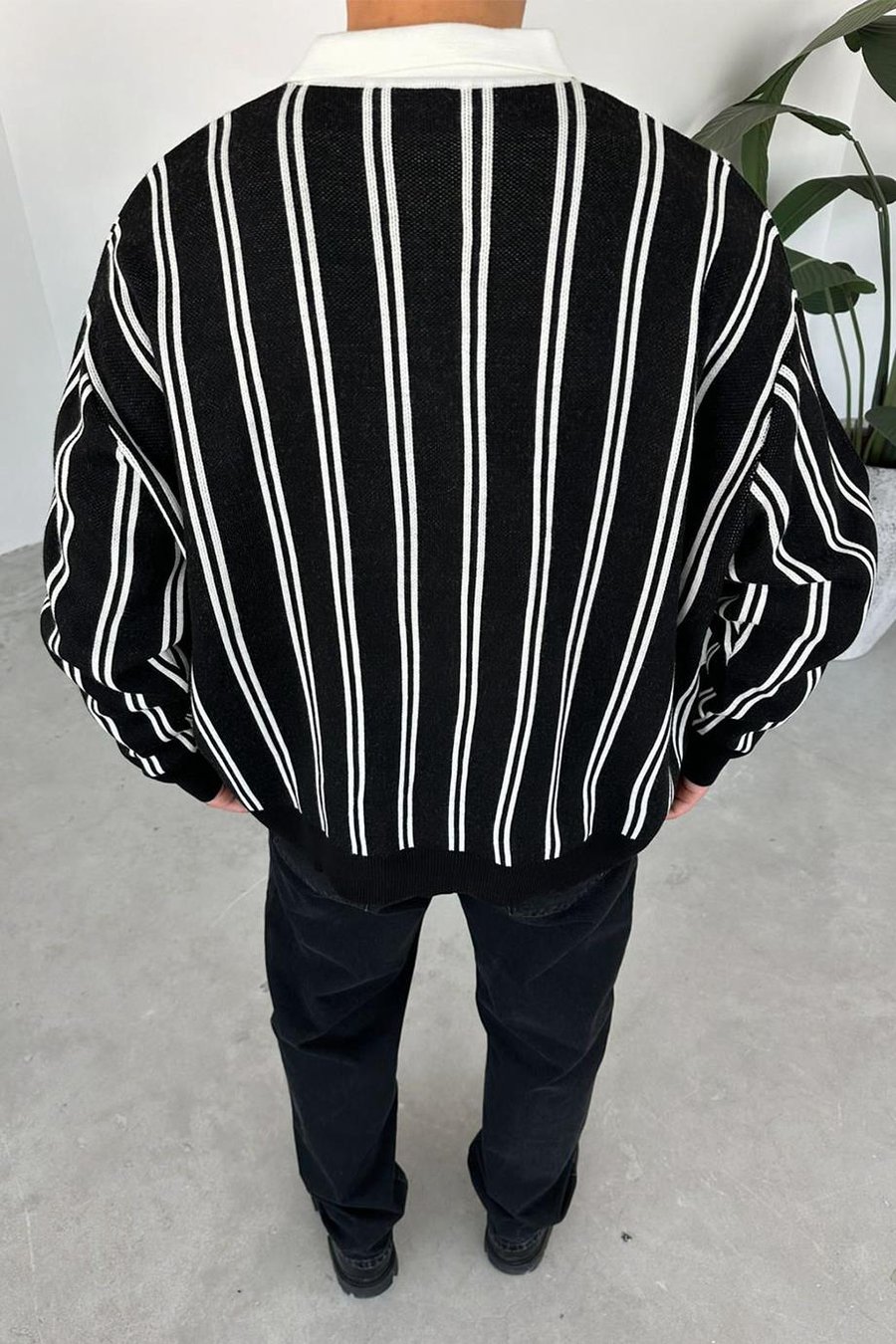 Siyah Çizgili Oversize Polo Yaka Sweatshirt