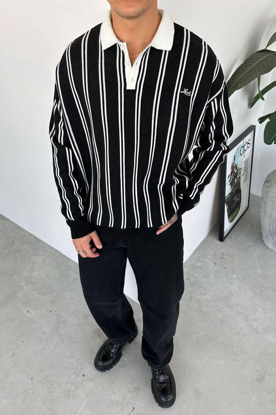 Siyah Çizgili Oversize Polo Yaka Sweatshirt