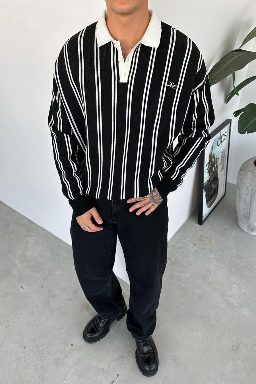 Siyah Çizgili Oversize Polo Yaka Sweatshirt
