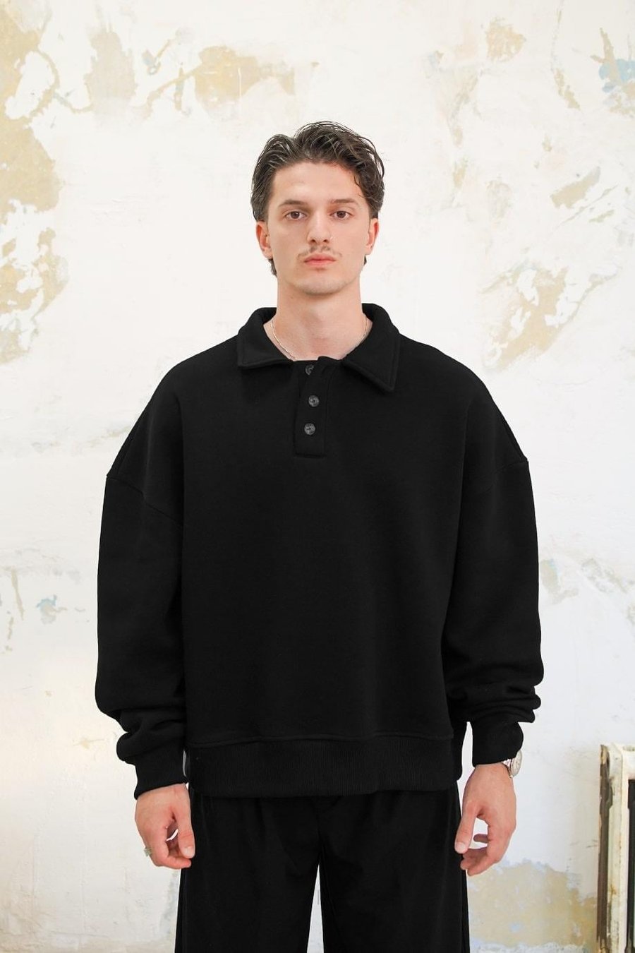 Siyah Cozy Basic Oversize Polo Yaka Sweatshirt