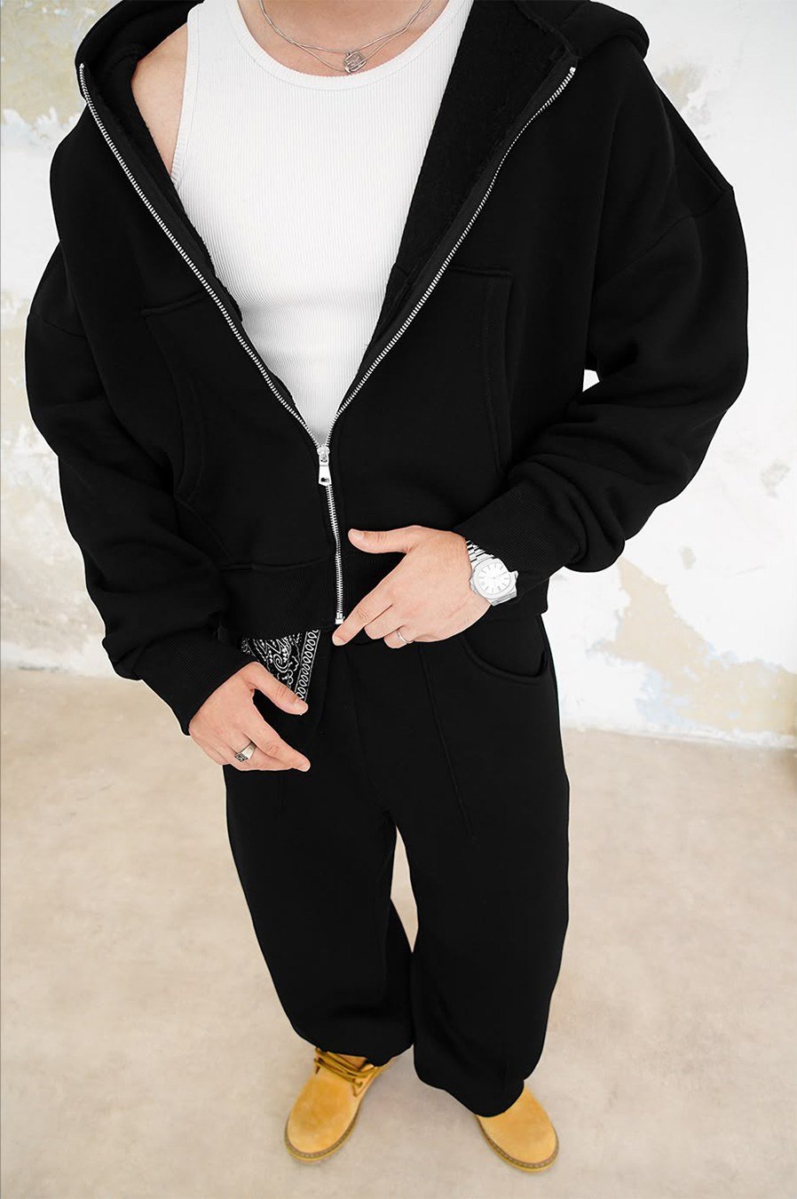 Siyah Cozy Basic Tam Fermuarlı Oversize Eşofman Takımı
