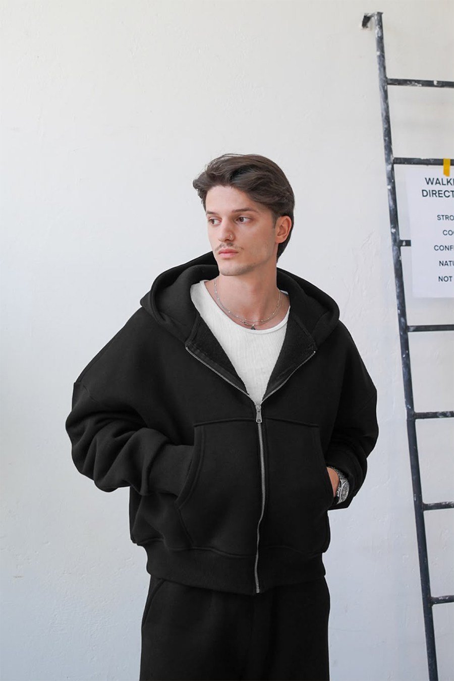 Siyah Cozy Basic Tam Fermuarlı Oversize Eşofman Takımı