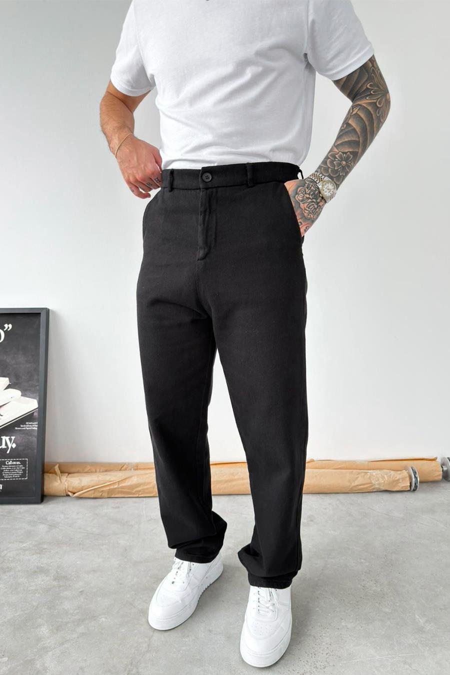 Siyah Dokulu Basic Baggy Pantolon