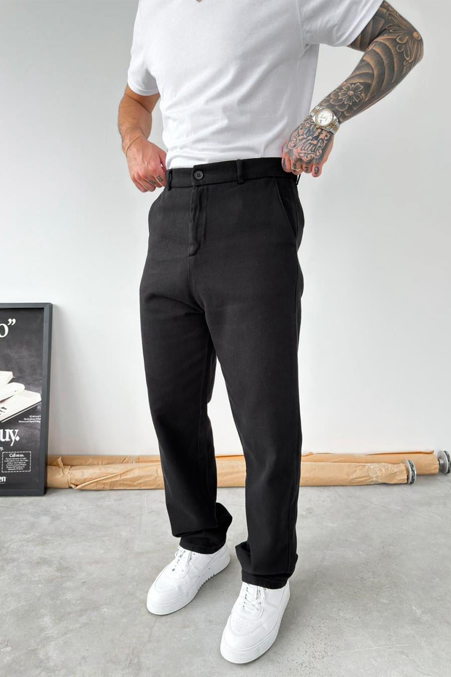 Siyah Dokulu Basic Baggy Pantolon