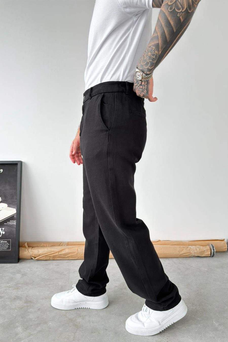 Siyah Dokulu Basic Baggy Pantolon