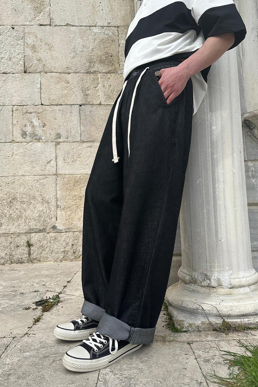 Siyah Dokulu Siyah Beli İp Detaylı 002 CH Ekstra Bol Baggy Pantolon