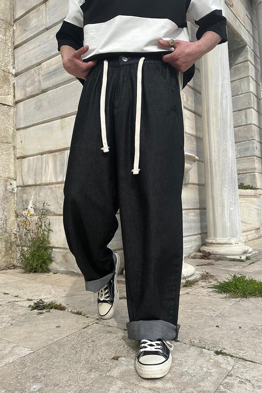 Siyah Dokulu Siyah Beli İp Detaylı 002 CH Ekstra Bol Baggy Pantolon