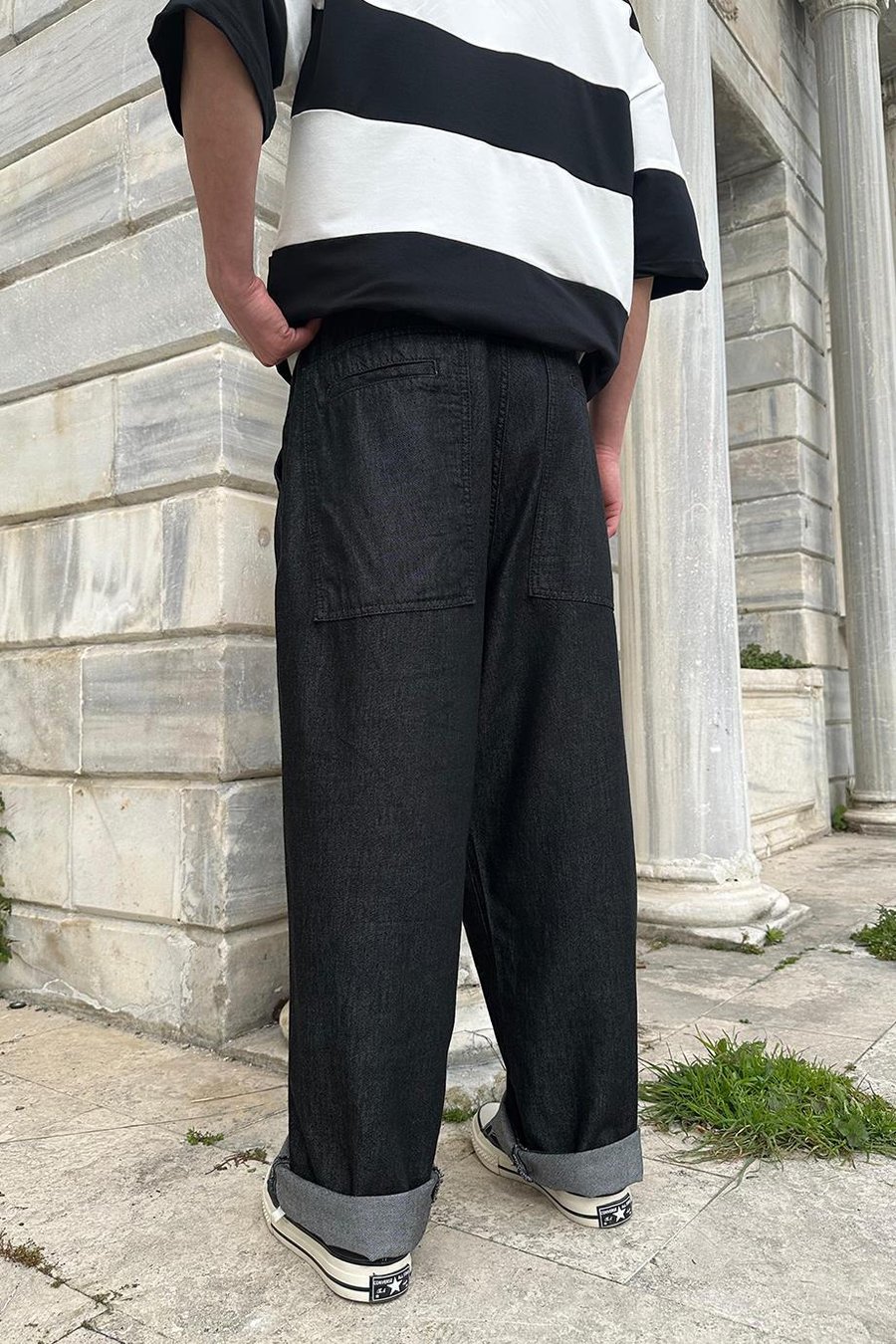 Siyah Dokulu Siyah Beli İp Detaylı 002 CH Ekstra Bol Baggy Pantolon