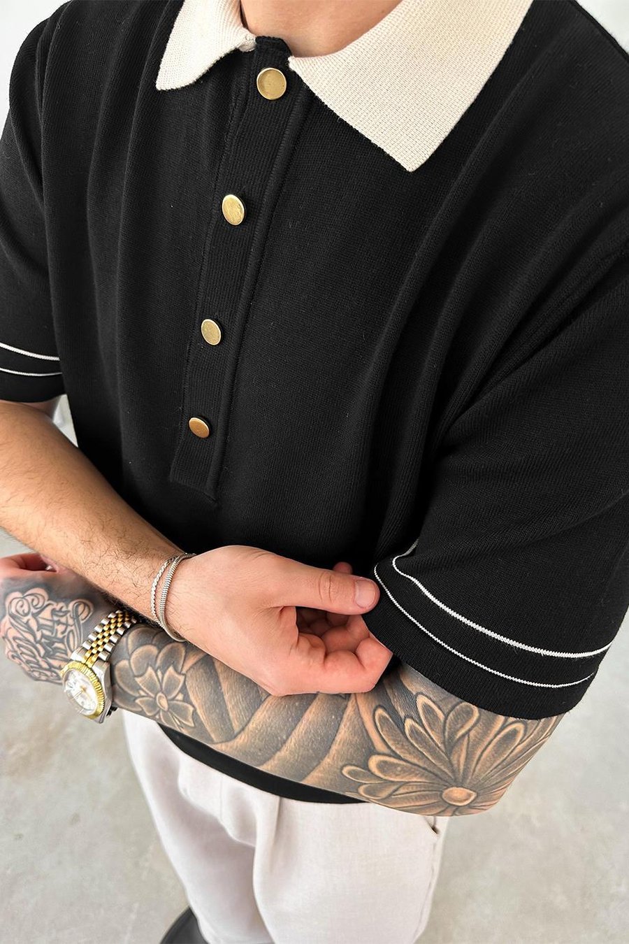 Siyah Elegance Contrast Relaxed Polo Yaka Tişört