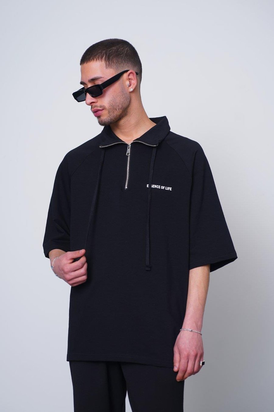 Siyah Fermuarlı EE Oversize Polo Yaka Tişört