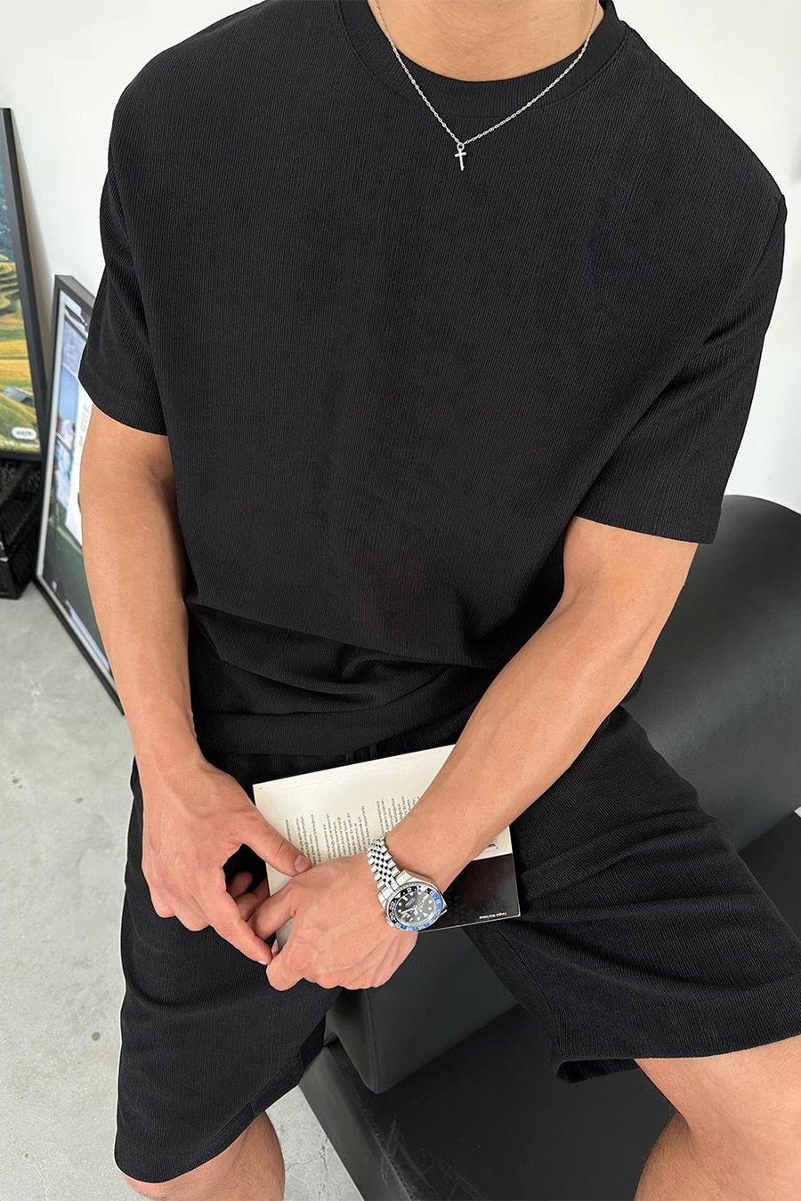 Siyah Fitilli Basic Relaxed Tişört