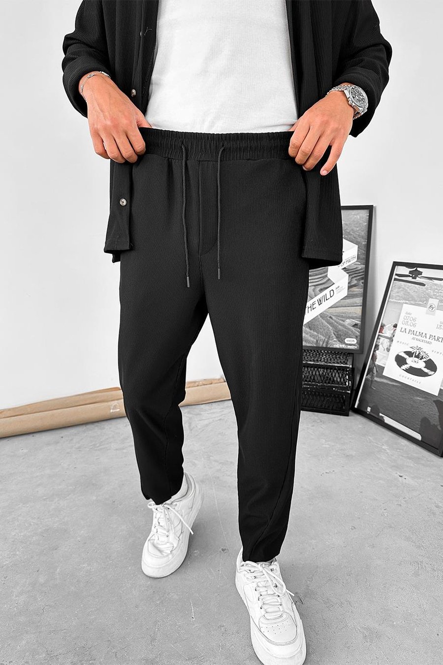 Siyah Fitilli Jogger Pantolon
