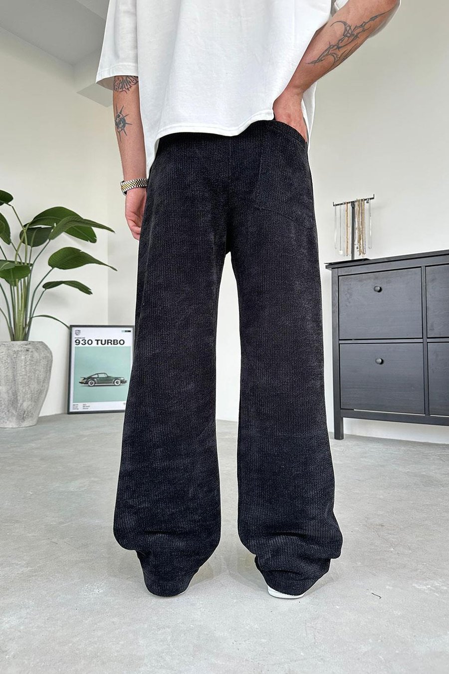Siyah Fitilli Kadife Kumaş Baggy Pantolon