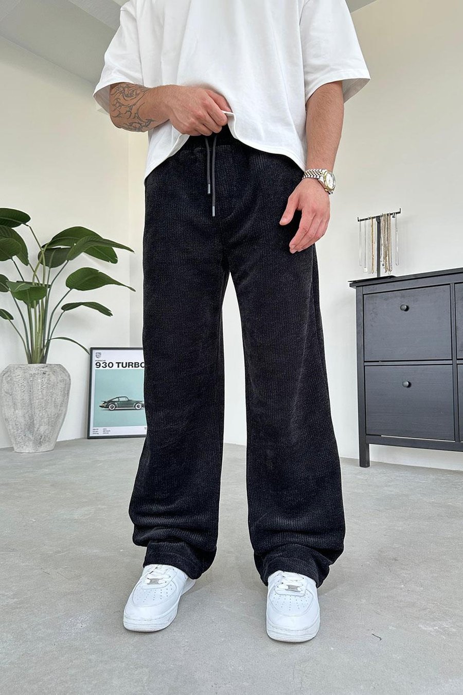 Siyah Fitilli Kadife Kumaş Baggy Pantolon