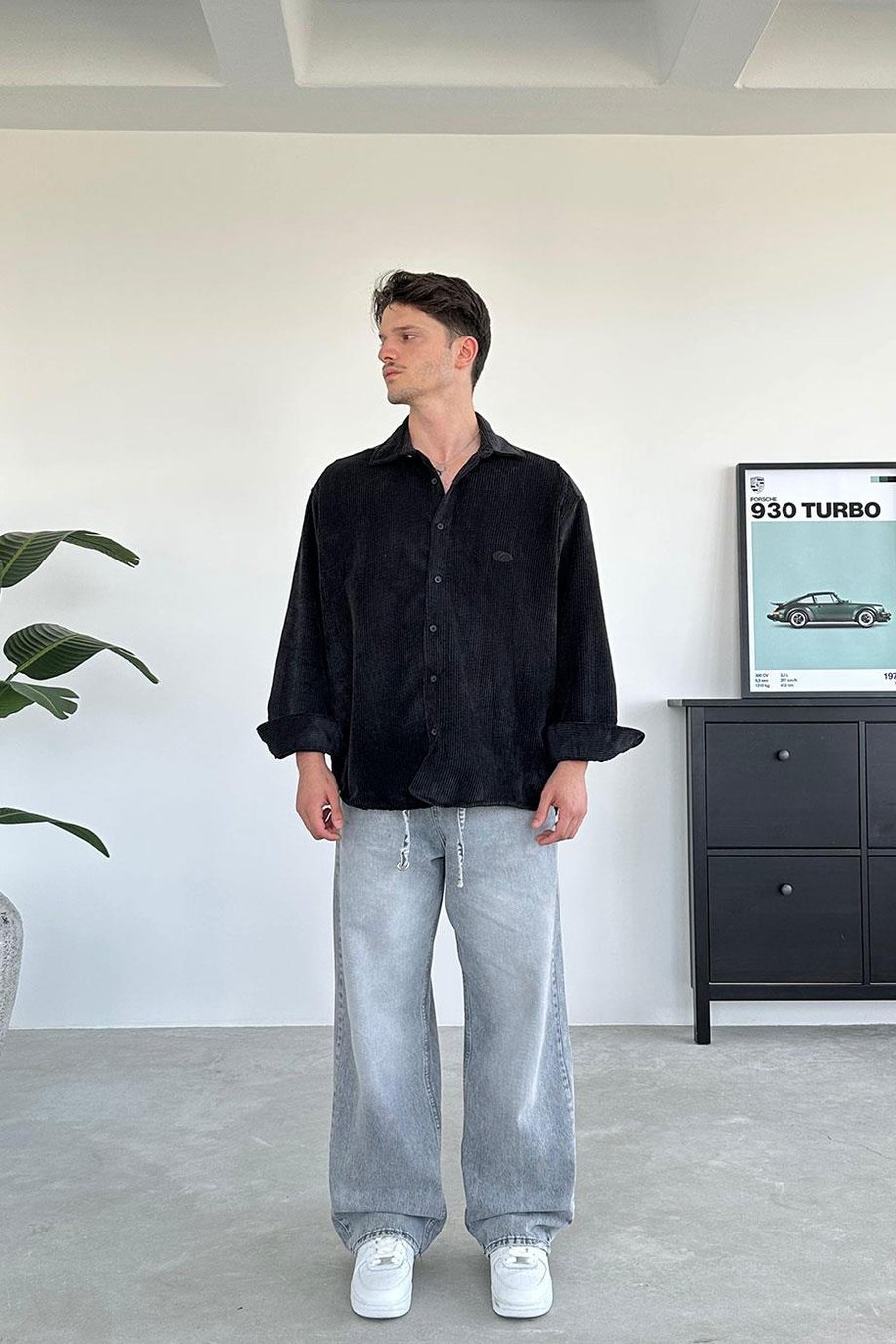 Siyah Fitilli Kadife Oversize Gömlek