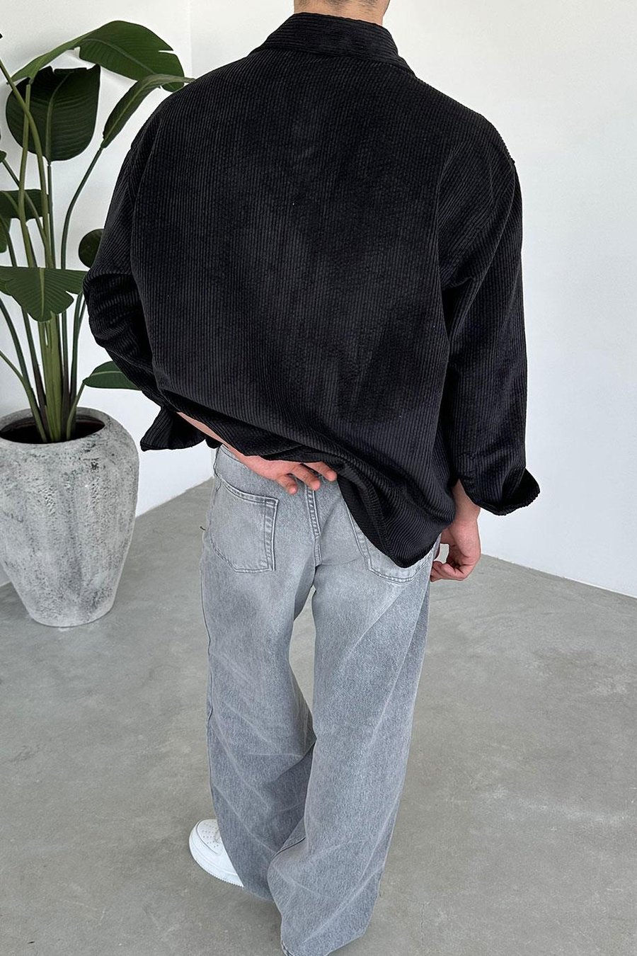 Siyah Fitilli Kadife Oversize Gömlek