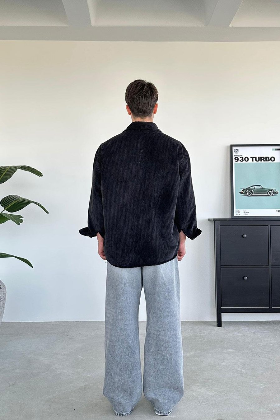 Siyah Fitilli Kadife Oversize Gömlek