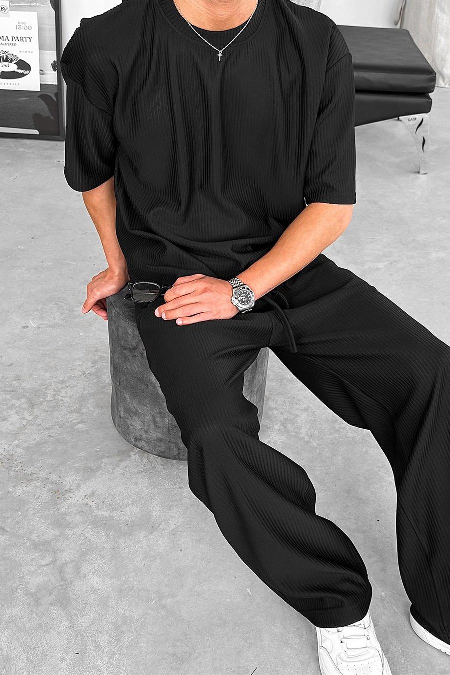 Siyah Fitilli Oversize Tişört