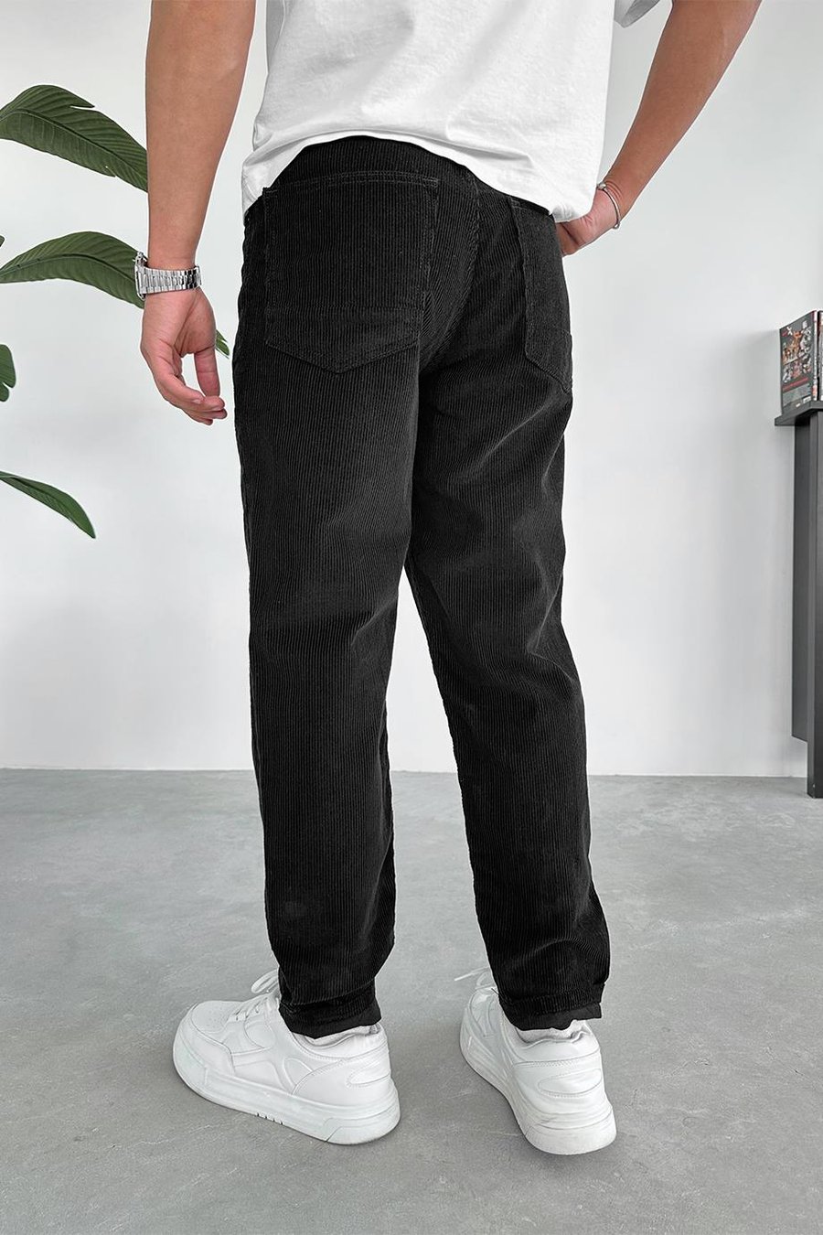 Siyah Kadife Fitilli Regular Pantolon