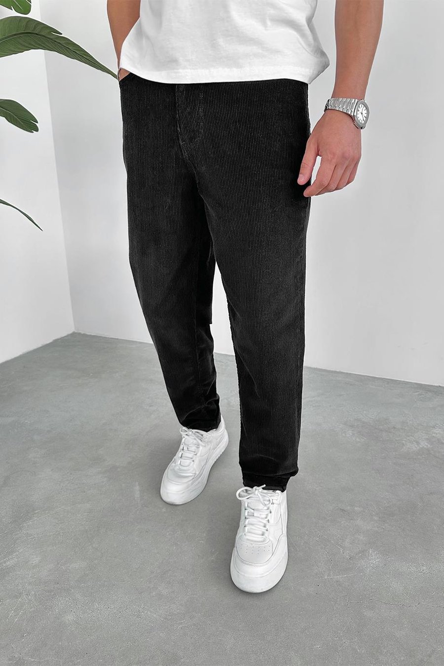 Siyah Kadife Fitilli Regular Pantolon