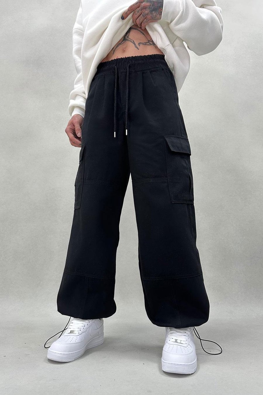 Siyah Kargo Cep Beli Lastikli GD Ayarlanabilir Paça Baggy Pantolon