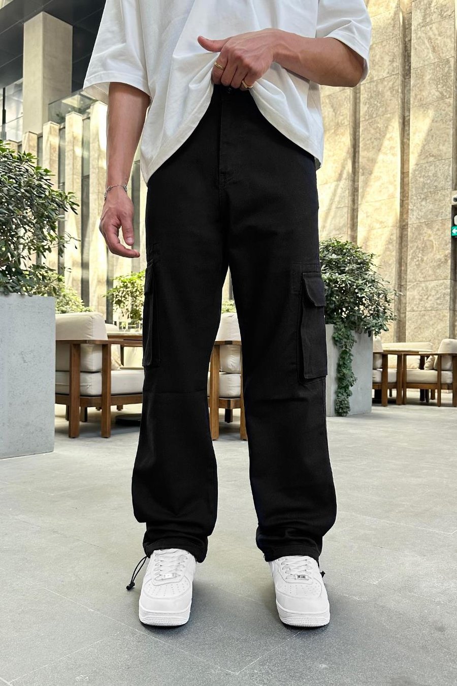 Siyah Kargo Cepli 9P DL Paçası Ayarlanabilir Baggy Pantolon