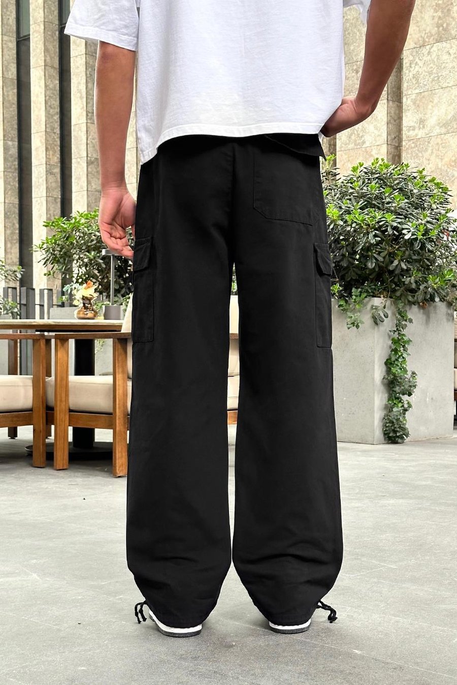 Siyah Kargo Cepli Bel İp Detaylı R2 DL Paçası Ayarlanabilir Baggy Pantolon