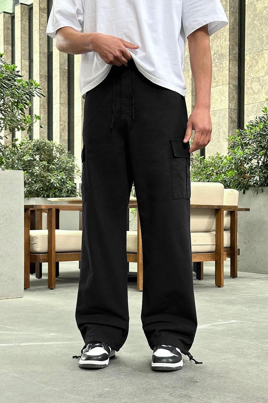 Siyah Kargo Cepli Bel İp Detaylı R2 DL Paçası Ayarlanabilir Baggy Pantolon