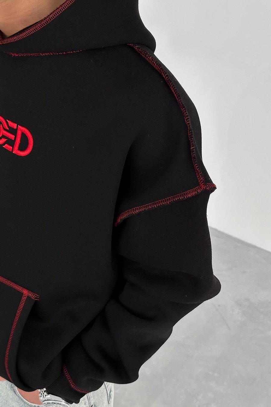 Siyah Kırmızı Ters Dikiş Closed HAFKA PREMİUM 3 İplik Şardonlu Oversize Sweatshirt