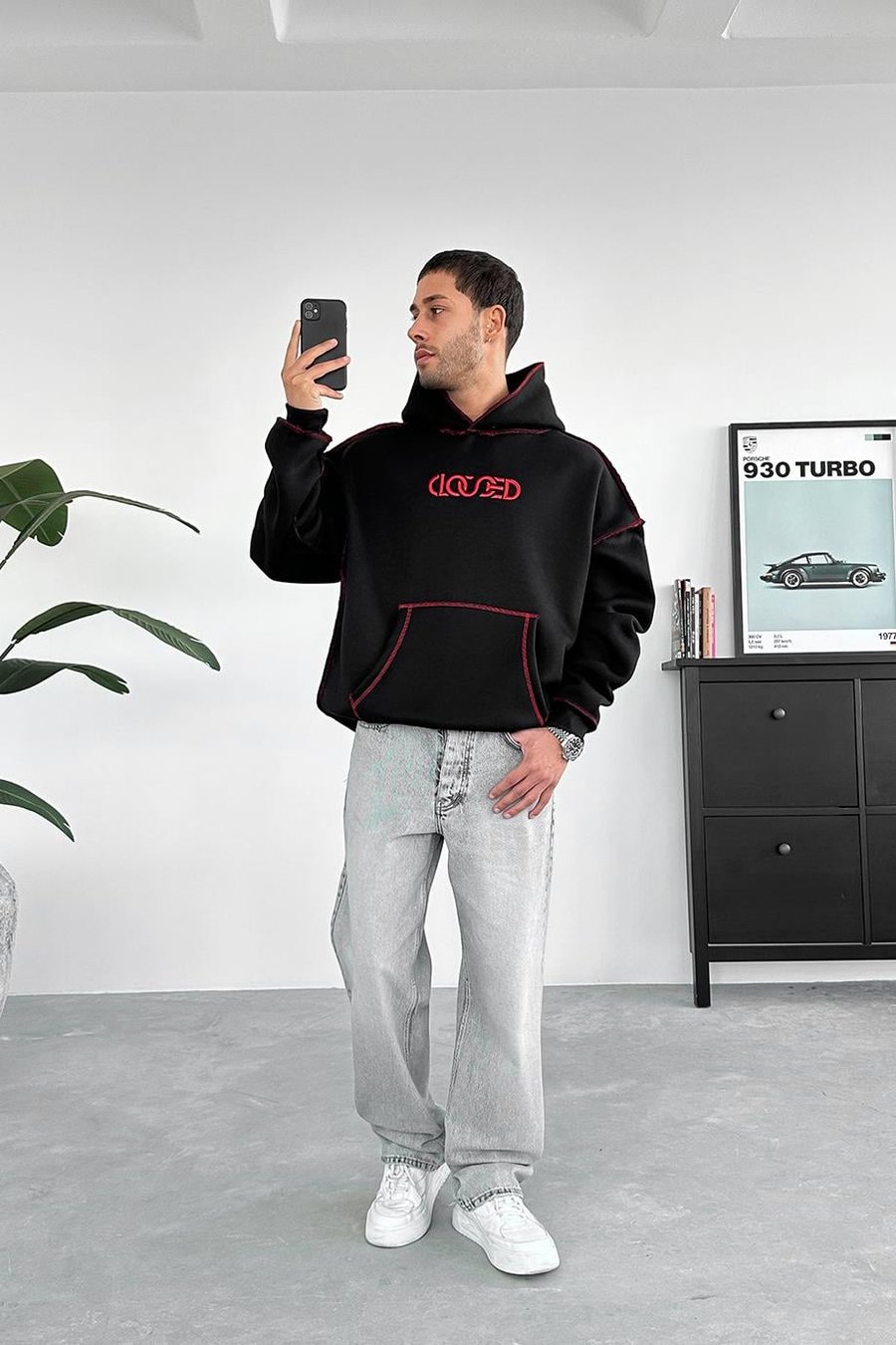 Siyah Kırmızı Ters Dikiş Closed HAFKA PREMİUM 3 İplik Şardonlu Oversize Sweatshirt