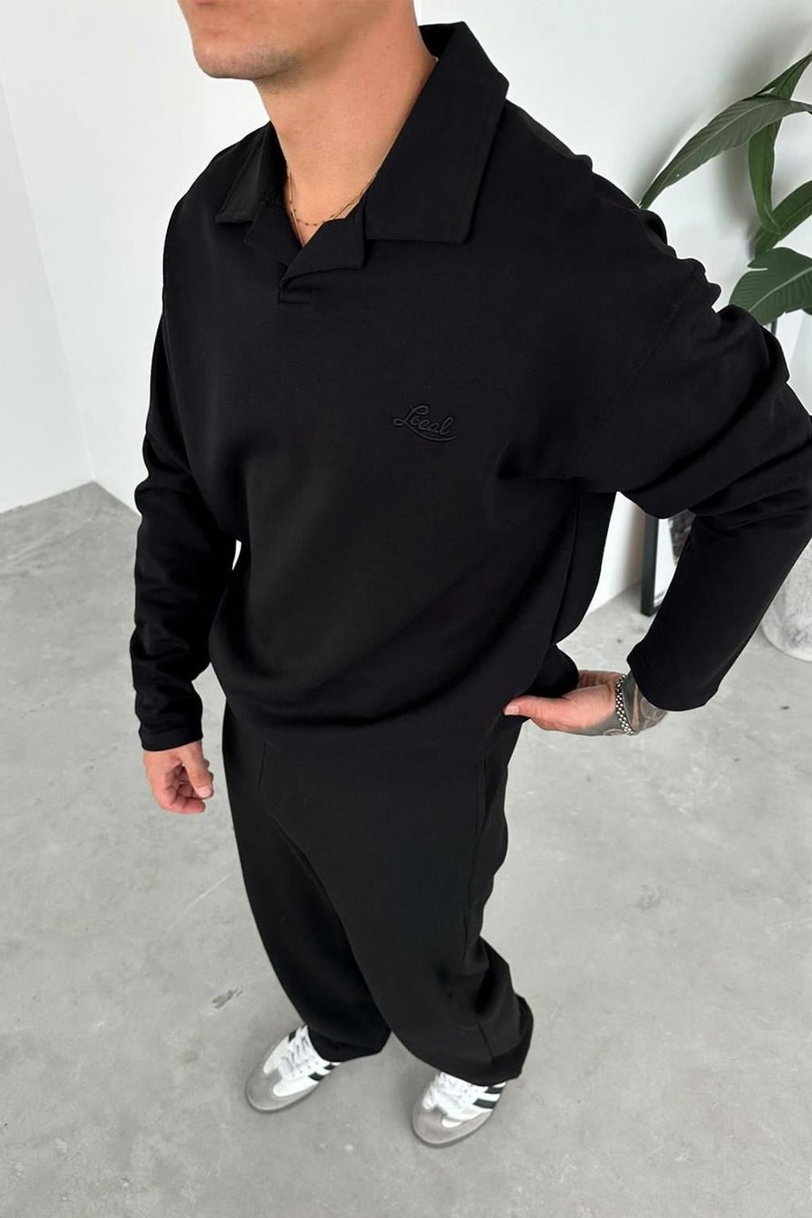 Siyah Local Nakış Oversize Polo Yaka Sweatshirt
