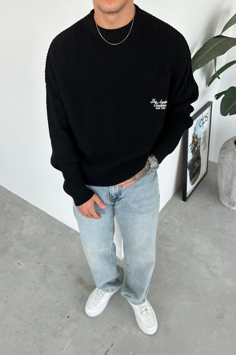 Siyah Los Angeles Nakış Oversize Triko Kazak
