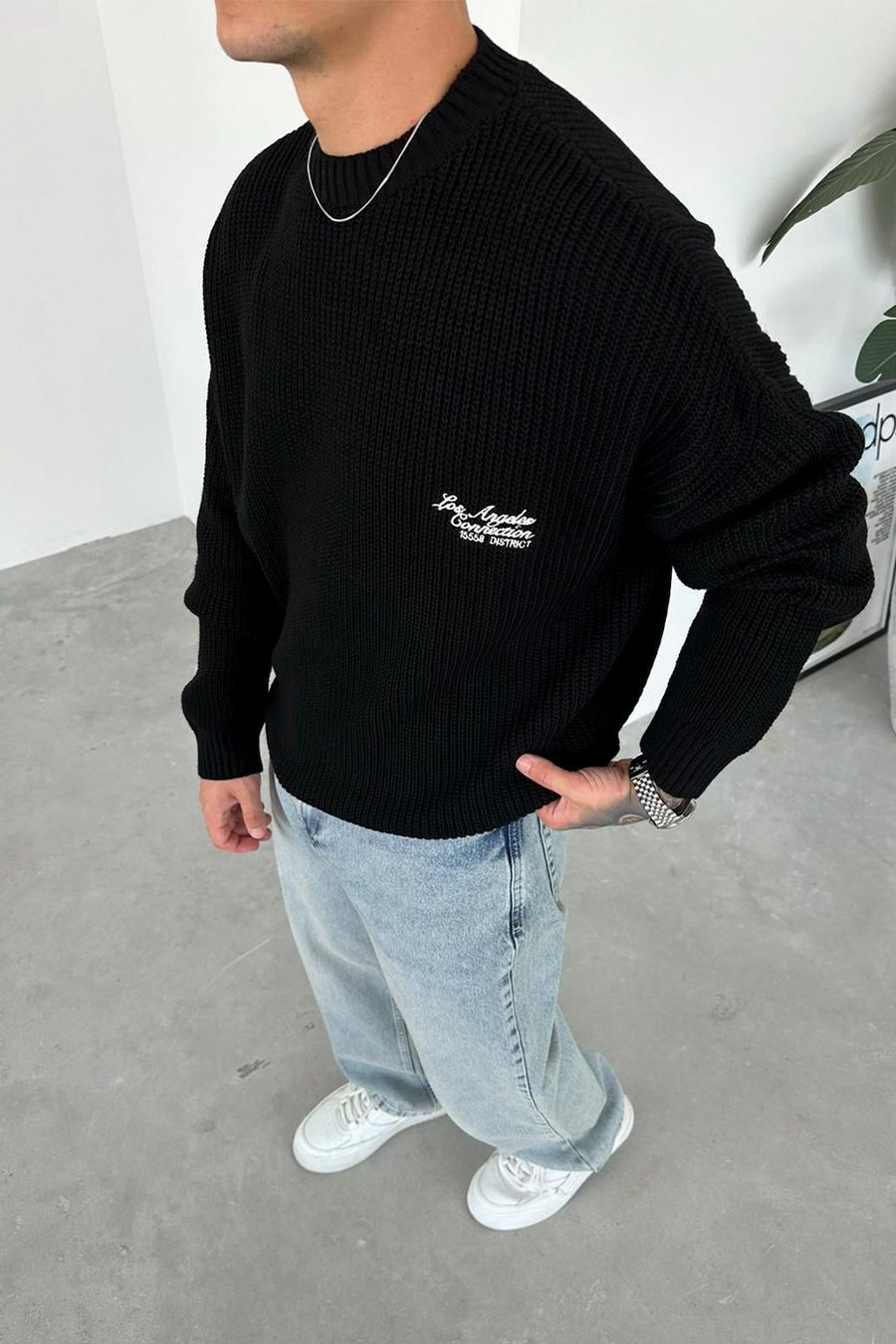 Siyah Los Angeles Nakış Oversize Triko Kazak