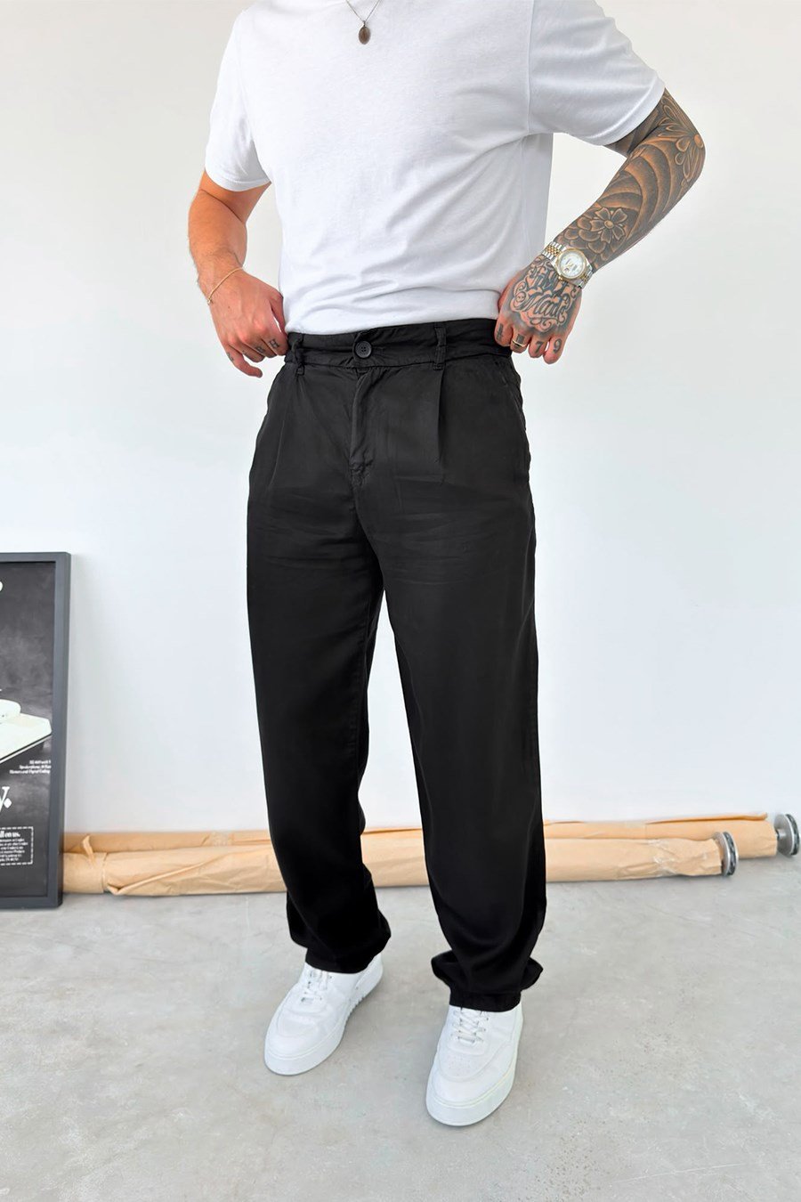Siyah Modal Kumaş Baggy Pantolon