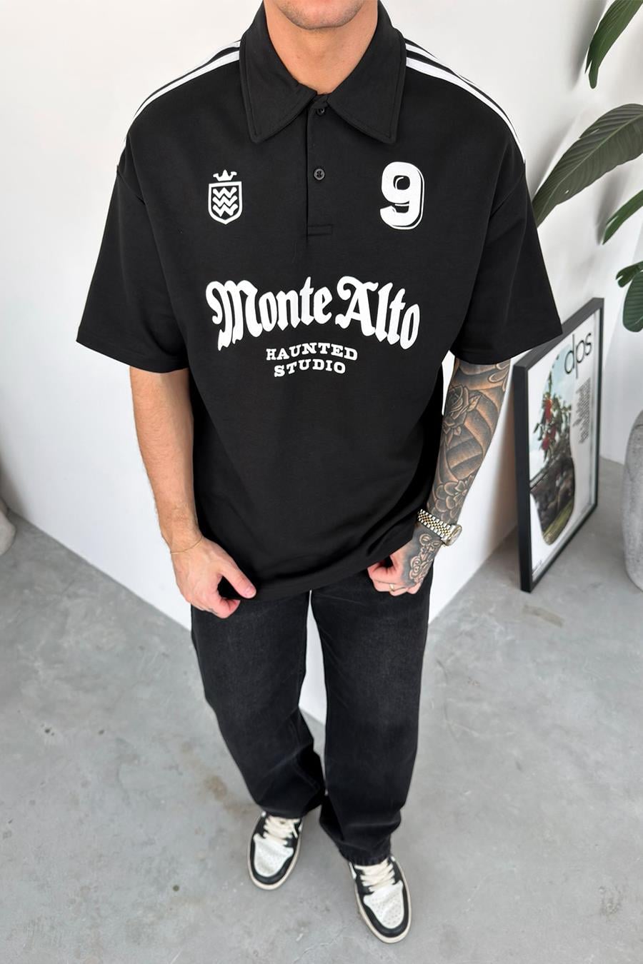 Siyah Monte Baskılı Oversize Polo Yaka Tişört