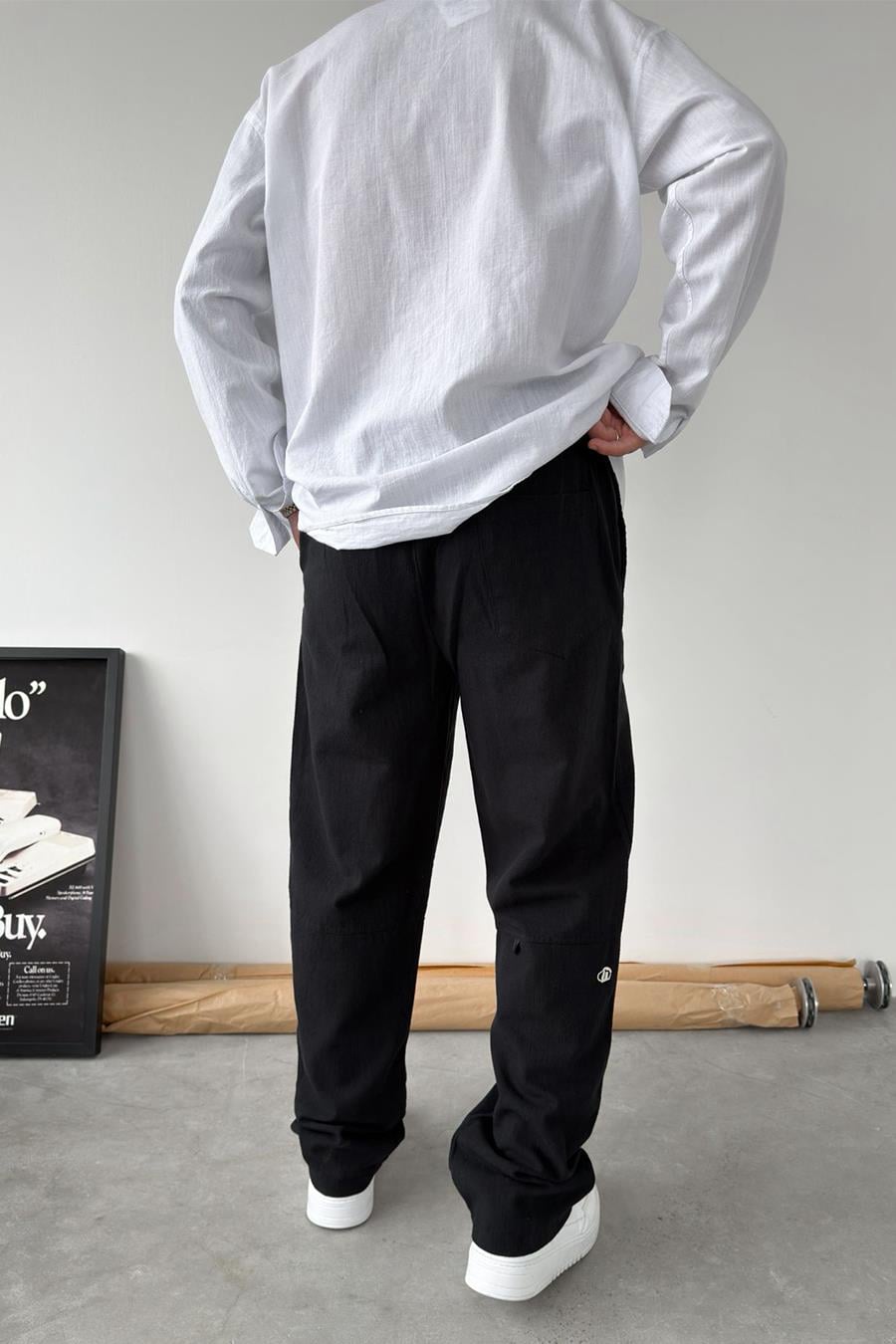 Siyah Nakışlı Baggy Keten Pantolon